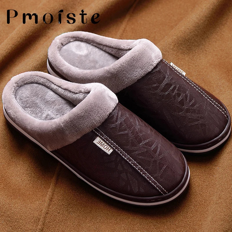 Winter Home Slippers for Men Memory Foam Massage House Slippers With Fur PU Leather Waterproof Indoor Male slipper Plus Size 51 - Bonnie Lassio