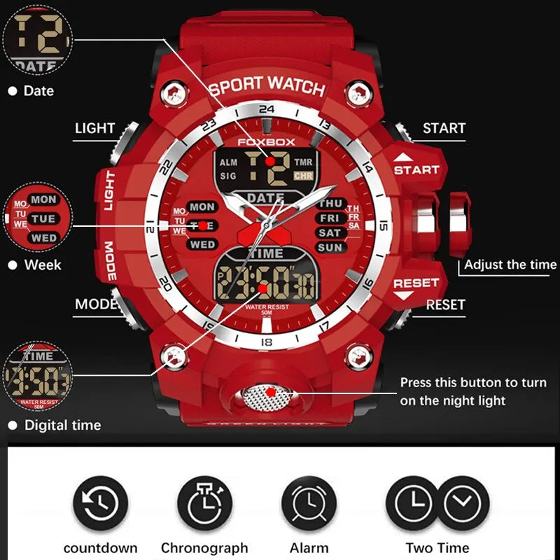 Mens Watch Dual Time LED Digital Watch Chronograph Quartz Red - Bonnie Lassio