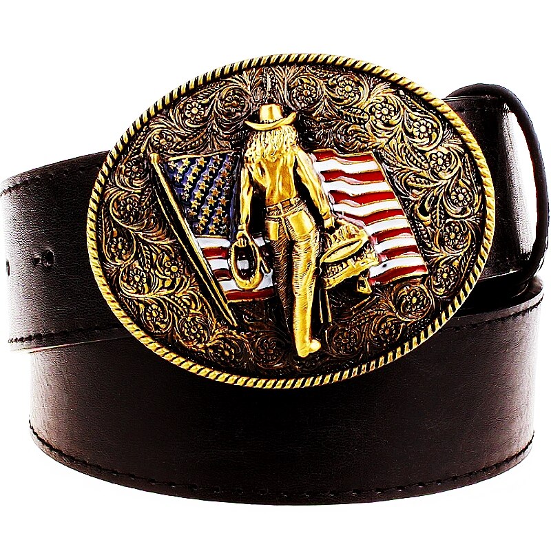 American Flag Wild Western Cowboy Belt Pu Leather Metal Copper Buckle - Bonnie Lassio