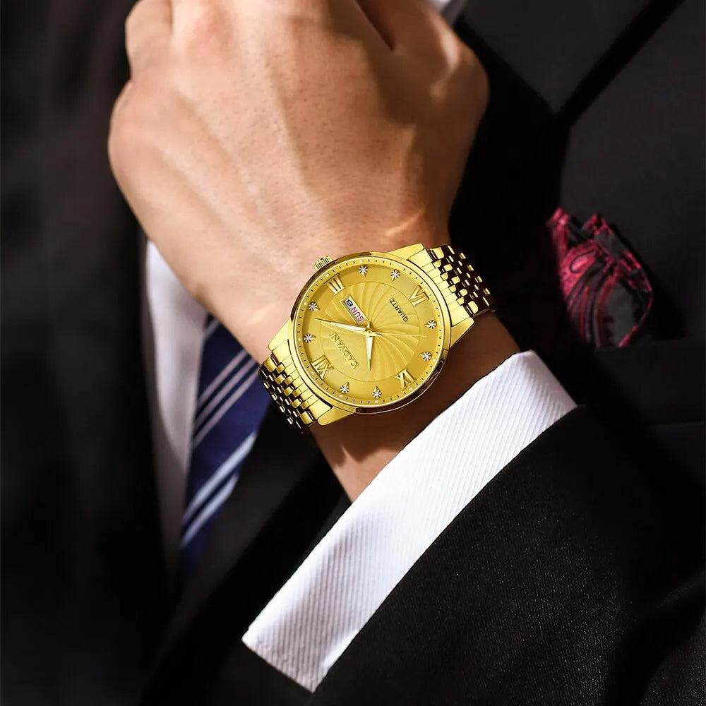 Golden Luxury Mens Watch Stainless Steel Date Clock Business Men Quartz Casual - Bonnie Lassio