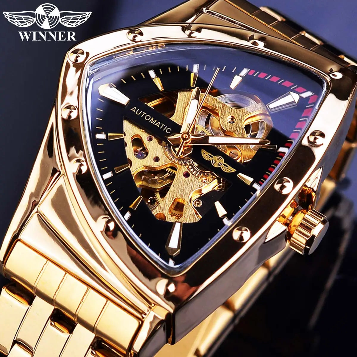 Winner Steampunk Swiss Design Mens Double Side Skeleton Transparent Golden Stainless Steel Mens Automatic Mechanical Male Watch - Bonnie Lassio