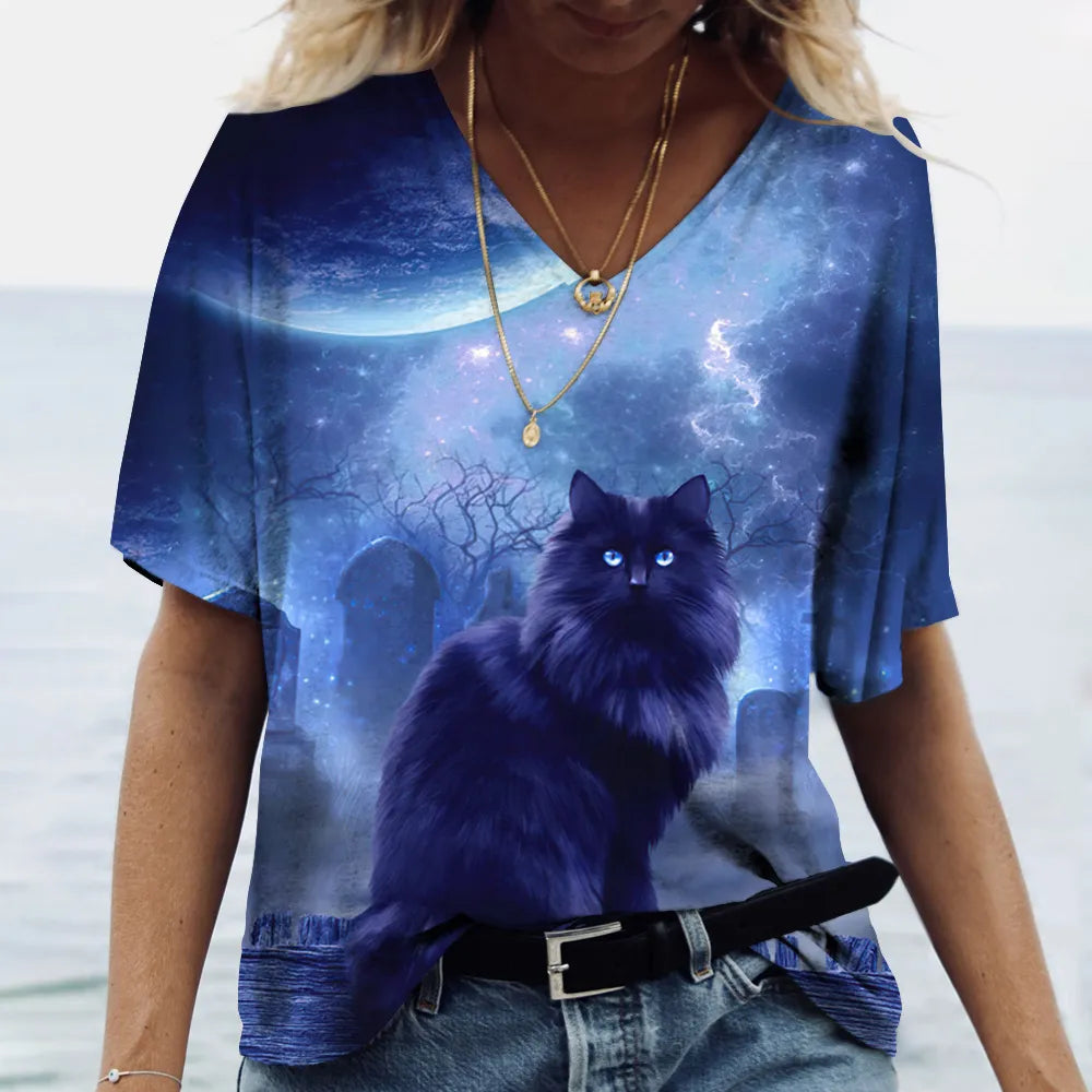 Fashion Women's T-shirt Cat Printed Short Sleeve Female Harajuku Tees Ladies T Shirt Oversized V-neck Tops Animal Women Clothing - Bonnie Lassio