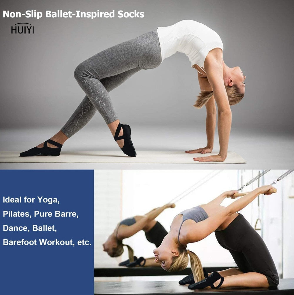 Yoga Socks for Women Non-Slip Grips & Straps, Bandage Cotton Sock, Ideal for Pilates Pure Barre Ballet Dance Barefoot Workout - Bonnie Lassio