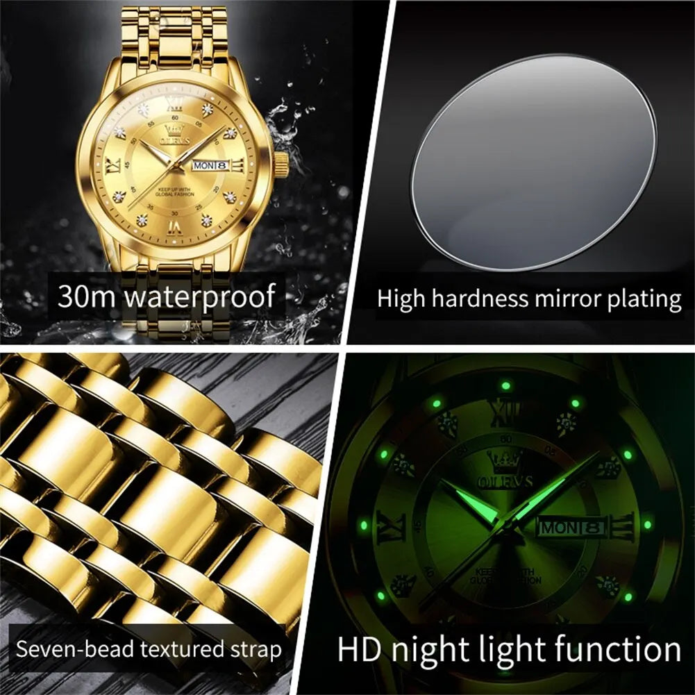 OLEVS Quartz Watch for Men Luxury Diamonds Gold Watch Waterproof Luminous Stainless Steel - Bonnie Lassio