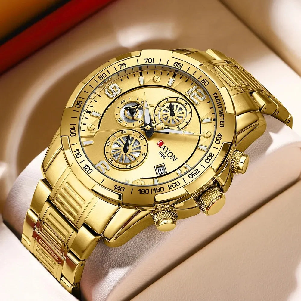 Mens Watch Gold Coloured Multifunction Luminous Quartz Stainless Steel - Bonnie Lassio