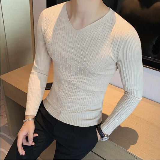 Mens Pullover Sweater V Neck Plain