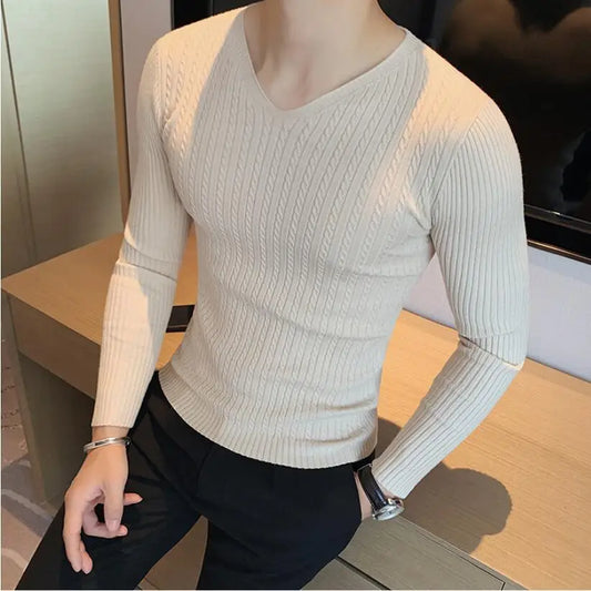 2023 Winter Sweaters Men Korean Fashion Streetwear V-Neck Sweaters Solid Color Men Cashmere Sweater Woolen Slim Trends S-3XL