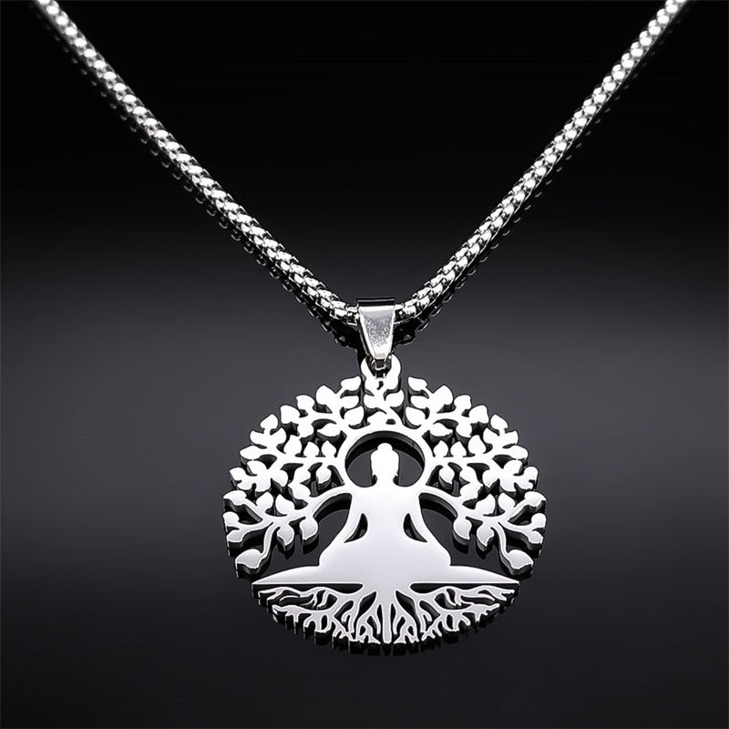 Buddhism Meditation Buddha Yoga Pendant Necklace Stainless Steel Tree of Life Necklace Buddhist Jewelry collares para mujer - Bonnie Lassio