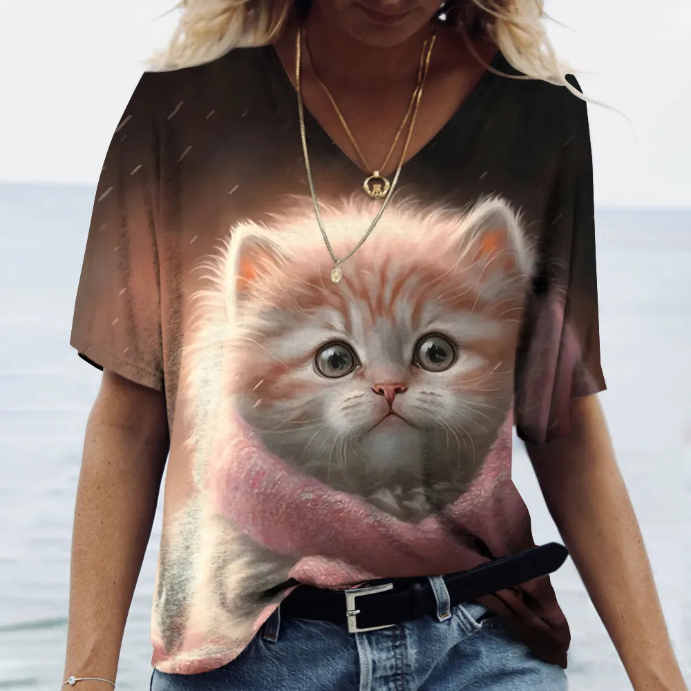 Fashion Women's T-shirt Cat Printed Short Sleeve Female Harajuku Tees Ladies T Shirt Oversized V-neck Tops Animal Women Clothing - Bonnie Lassio