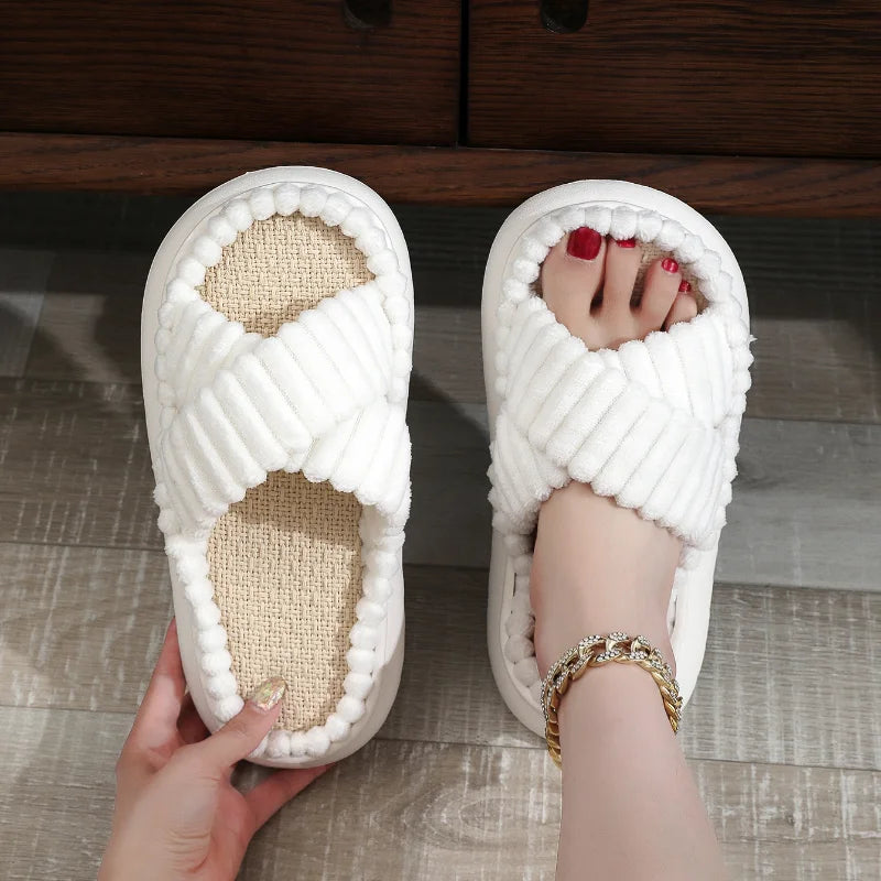 Womens Home Slippers Open-Toe Cross Band Linen Soled Indoor - Bonnie Lassio