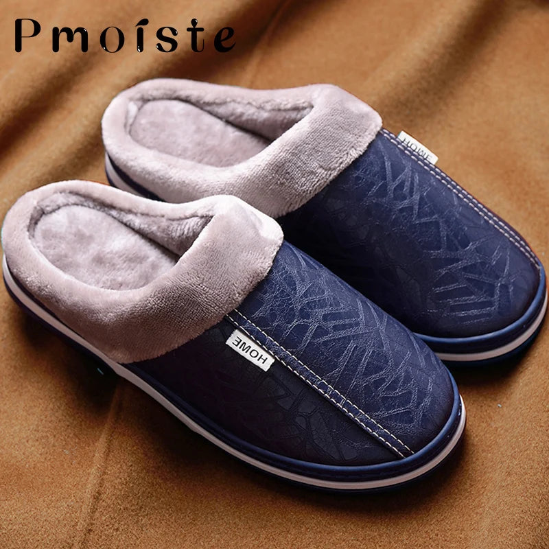 Winter Home Slippers for Men Memory Foam Massage House Slippers With Fur PU Leather Waterproof Indoor Male slipper Plus Size 51 - Bonnie Lassio