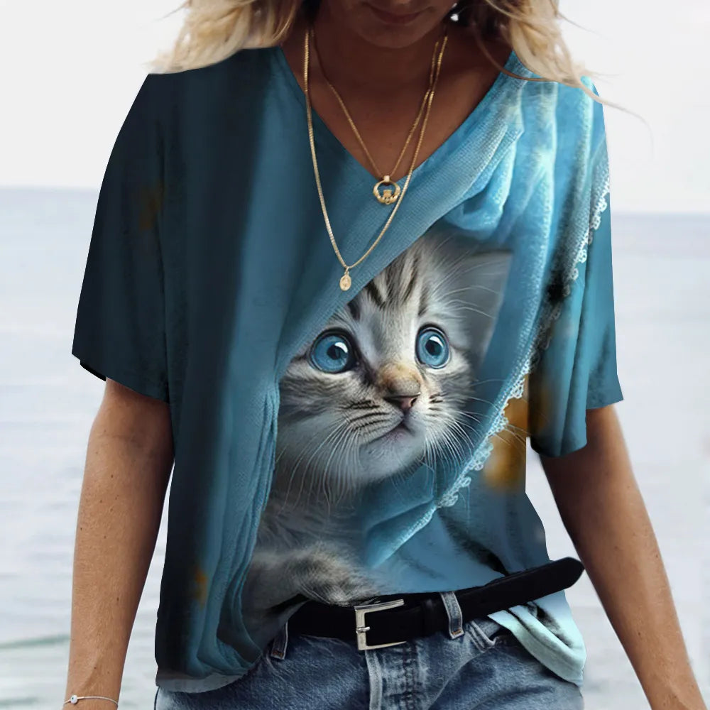 Fashion Women's T-shirt Cat Printed Short Sleeve Female Harajuku Tees Ladies T Shirt Oversized V-neck Tops Animal Women Clothing - Bonnie Lassio