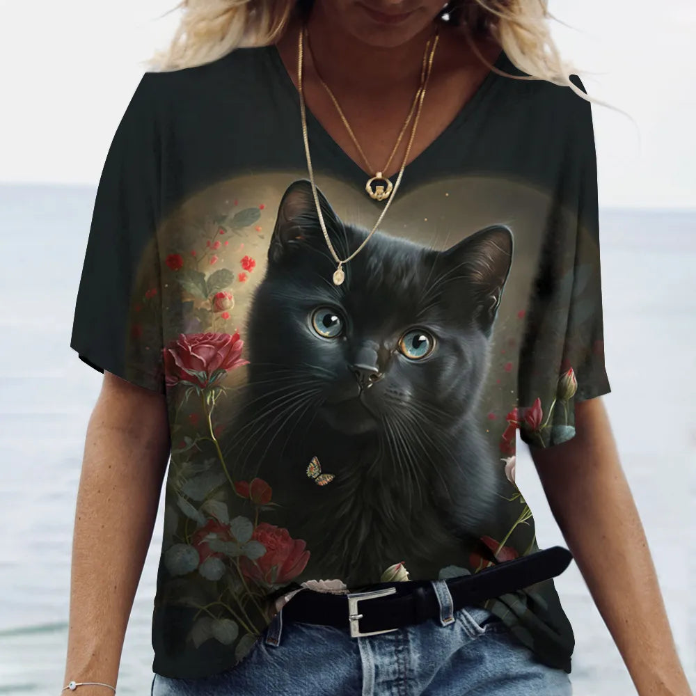 Fashion Women's T-shirt Cat Printed Short Sleeve Female Harajuku Tees Ladies T Shirt Oversized V-neck Tops Animal Women Clothing - Bonnie Lassio