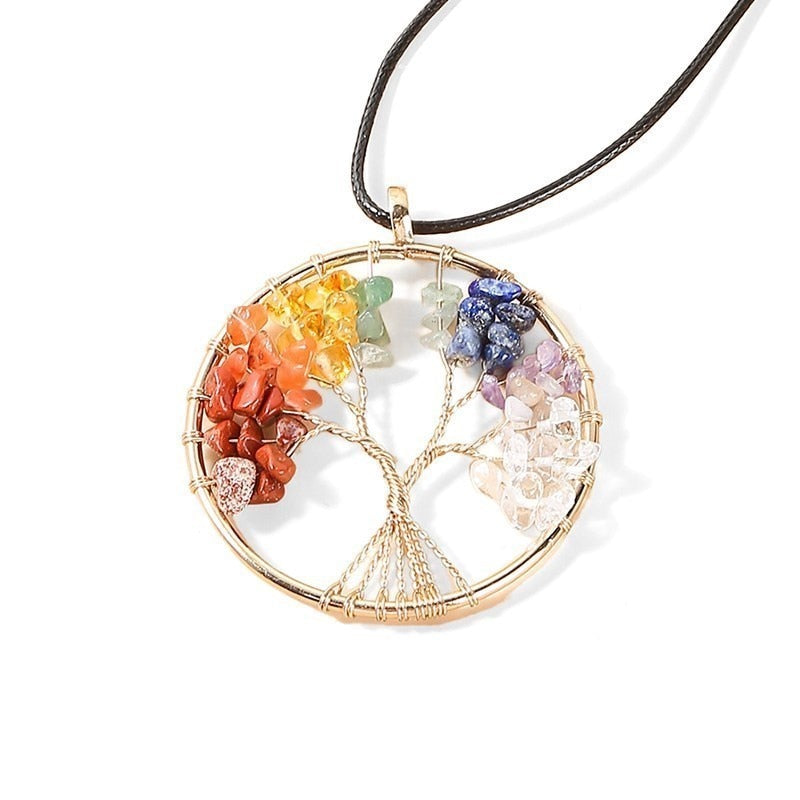 Change Better 7 Chakras Tree Of Life Pendant Necklace Gold Color Natural Crystal Chip - Bonnie Lassio