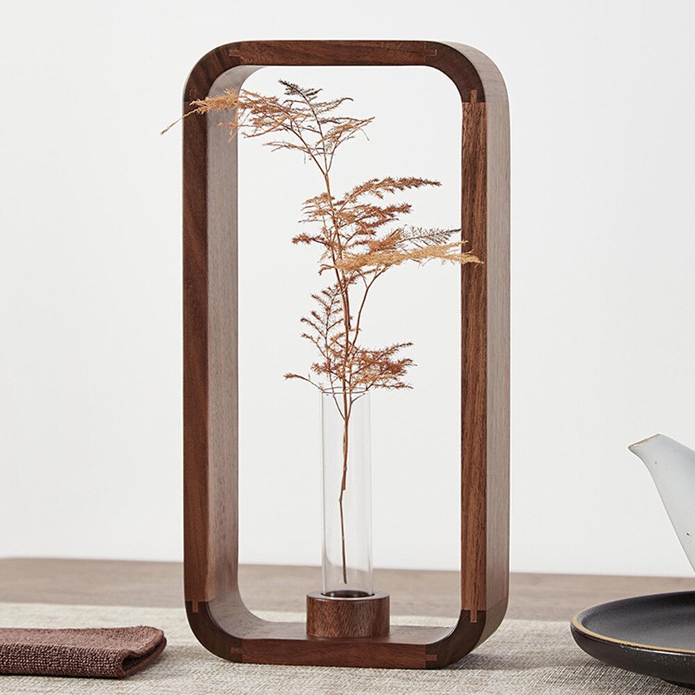 Solid Wood Test Tube Vase Hydroponic Plants Glass Test Tube Vase Black Walnut Flower Device - Bonnie Lassio