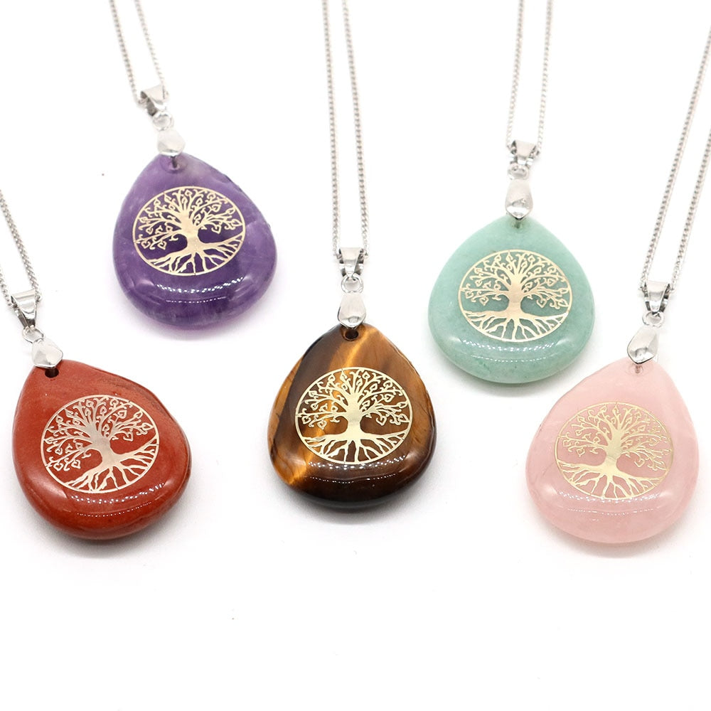 7 Chakra Stone Tree of Life Pendant Natural Water Drop Necklaces Rose Crystal Pink Quartz Amethyst Lapis Lazuli Tiger Eye Gifts - Bonnie Lassio