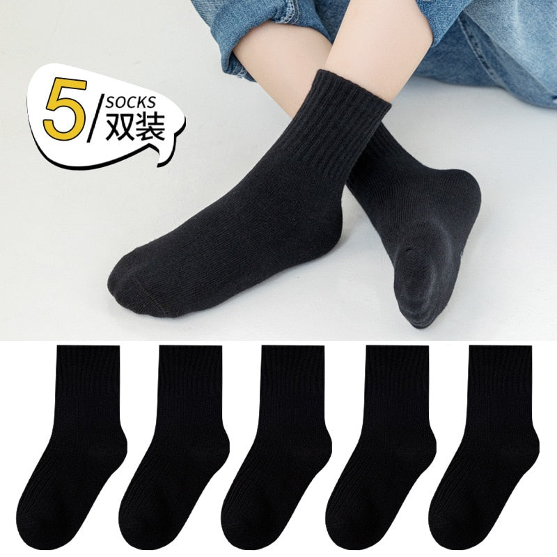 5 Pairs Pure Cotton Children Boy Socks Black White Grey Solid Color Unisex Breathable Sports School Socks Baby Girl Calf Socks - Bonnie Lassio