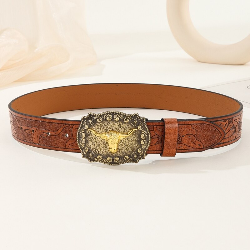 Longhorn Bull Belt Buckle Belt Vintage Western Belt Cowboy Belts For Men Western With Big Buckle Leather Belt Jeans Belt - Bonnie Lassio