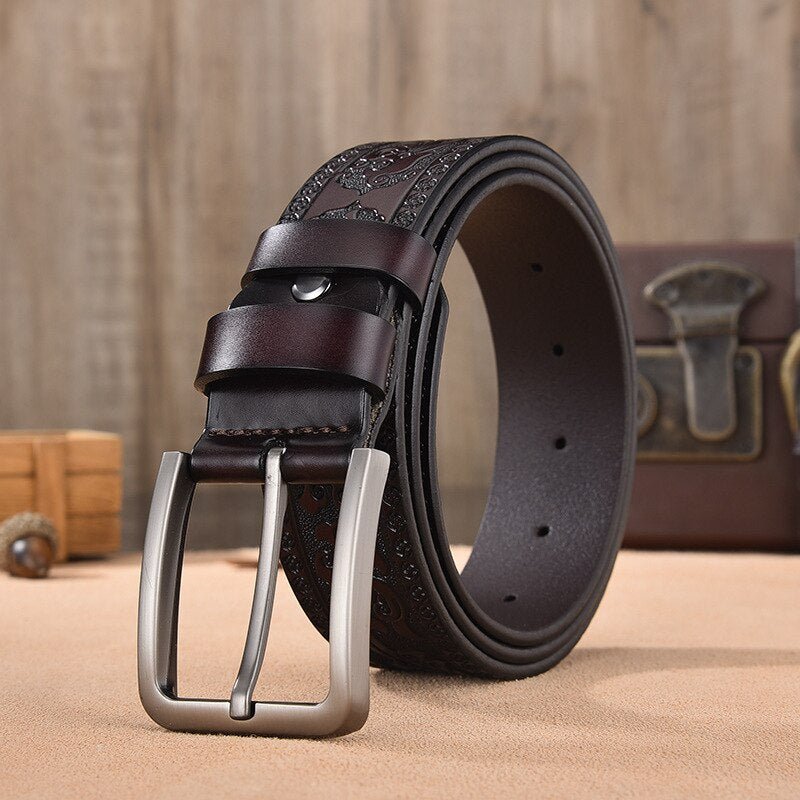 Male Print Leather Belt Floral Strap For Men 4.0 CM Black Vintage Embossing Genuine Cowskin Belt Designer Jeans High Quality - Bonnie Lassio