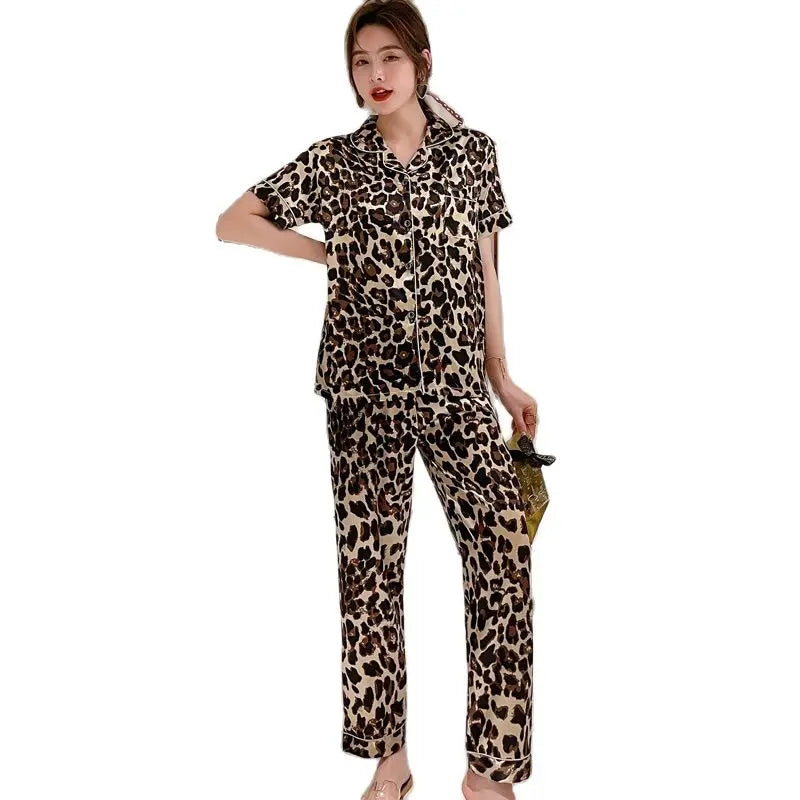 Leopard Causal Slik Pajamas Set for Women Spring Summer Short Sleeve Nightwear Stain Home Clothes Sleepwear Ladies Trouser Suits - Bonnie Lassio