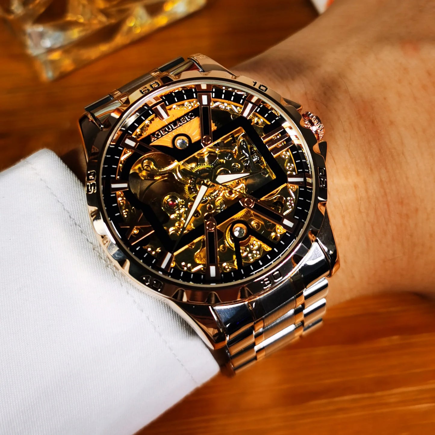 Luxury Mechanical Watch Iced Out Gold Skeleton Automatic Wristwatch for Men Stainless Steel Strap Luminous Fashion Accessory