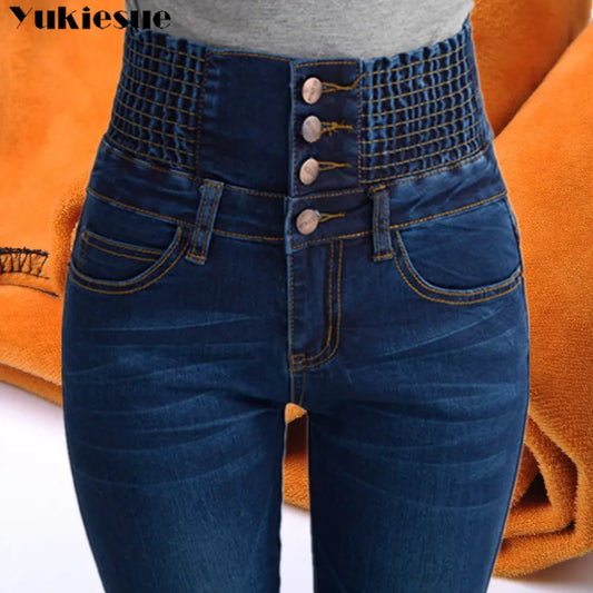 Womens Winter Jeans High Waist Skinny Pants Fleece /no velvet Elastic Waist Jeggings Casual clothes Jeans For Women Warm Jeans - Bonnie Lassio