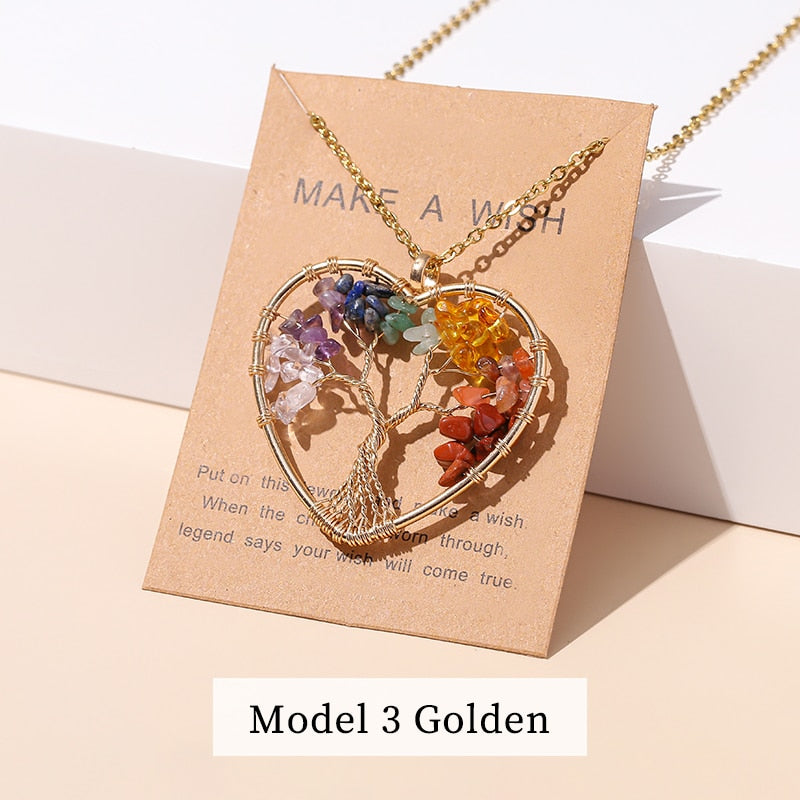 Change Better 7 Chakras Tree Of Life Pendant Necklace Gold Color Natural Crystal Chip - Bonnie Lassio