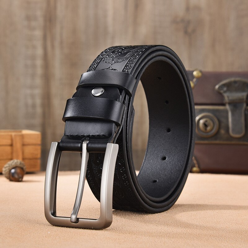 Male Print Leather Belt Floral Strap For Men 4.0 CM Black Vintage Embossing Genuine Cowskin Belt Designer Jeans High Quality - Bonnie Lassio