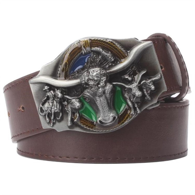 Skull Bull Ox Horn Men Leather Belt Cow Head Skeleton Western Cowboy Style Decoration Women Jeans Waistband - Bonnie Lassio