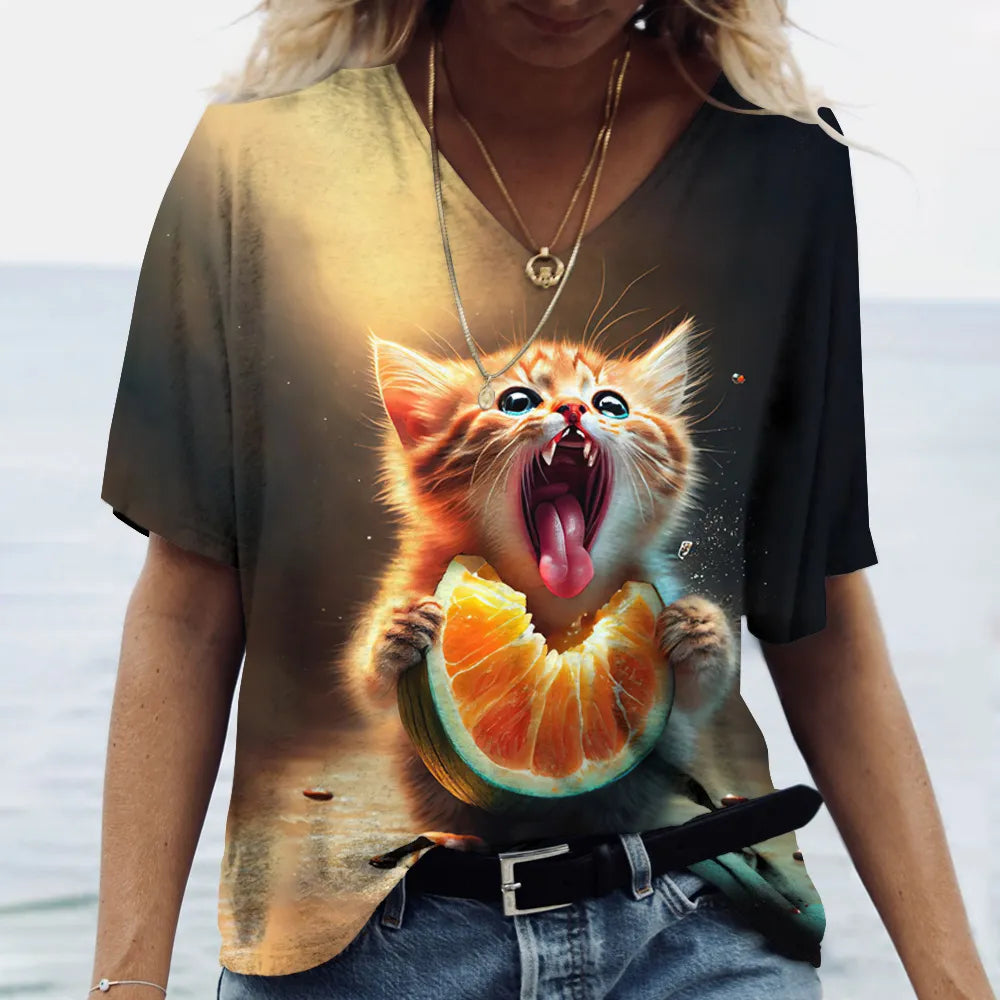 Fashion Women's T-shirt Cat Printed Short Sleeve Female Harajuku Tees Ladies T Shirt Oversized V-neck Tops Animal Women Clothing - Bonnie Lassio