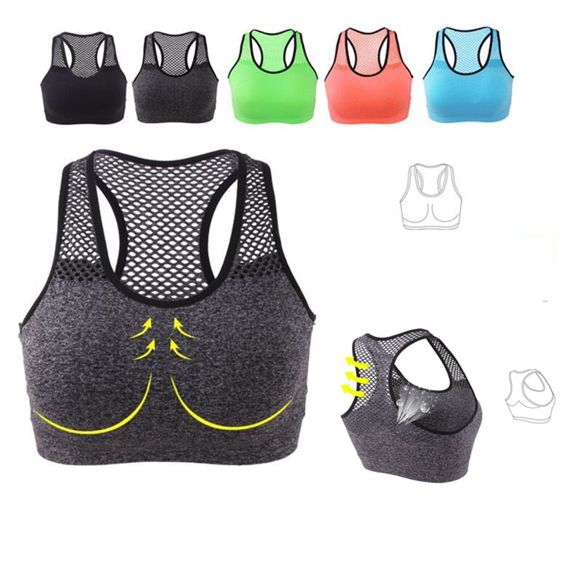 Mesh Sports Bra Hollow Out Sport Top Seamless Fitness Yoga Bras Women Gym Top Padded Running Vest Shockproof Push Up Crop Top - Bonnie Lassio