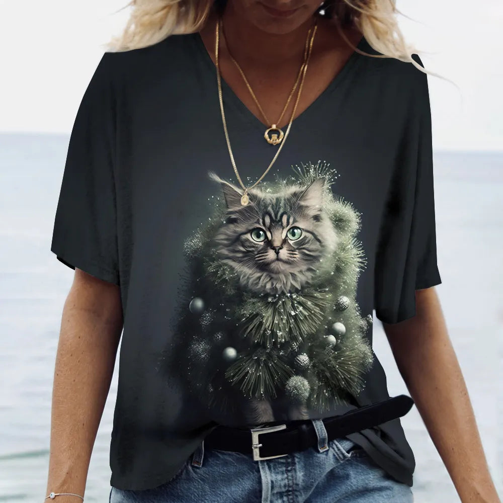 Fashion Women's T-shirt Cat Printed Short Sleeve Female Harajuku Tees Ladies T Shirt Oversized V-neck Tops Animal Women Clothing - Bonnie Lassio