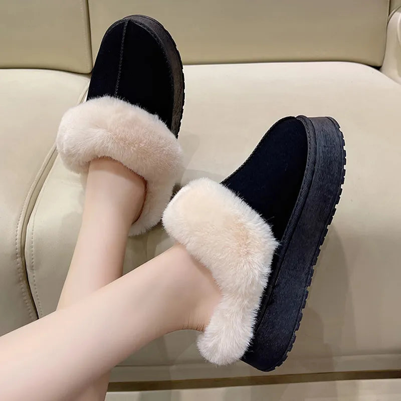 Women Thick Sole Faux Fur Slippers Winter Plush Warm Cotton Fluffy Tops - Bonnie Lassio