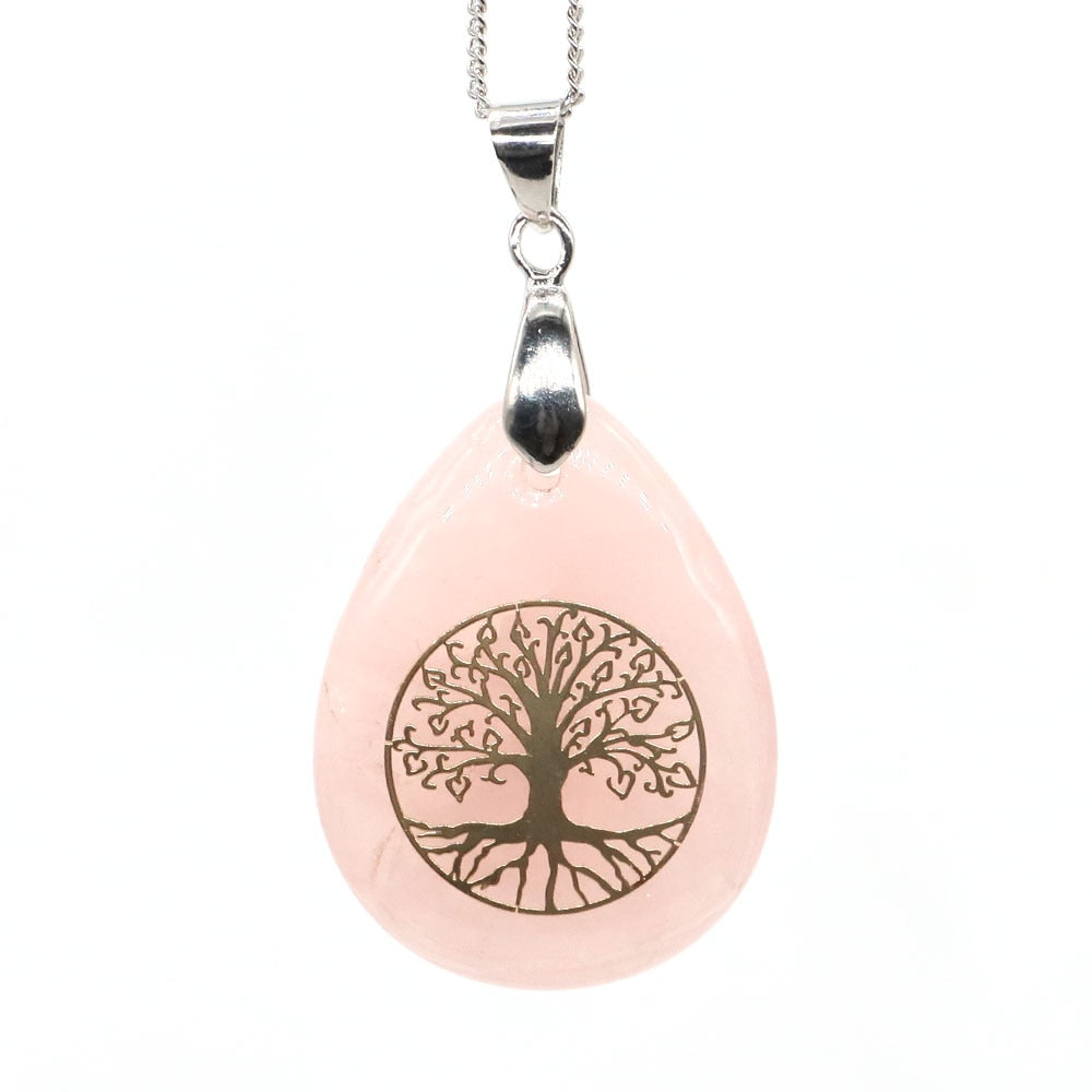 7 Chakra Stone Tree of Life Pendant Natural Water Drop Necklaces Rose Crystal Pink Quartz Amethyst Lapis Lazuli Tiger Eye Gifts - Bonnie Lassio