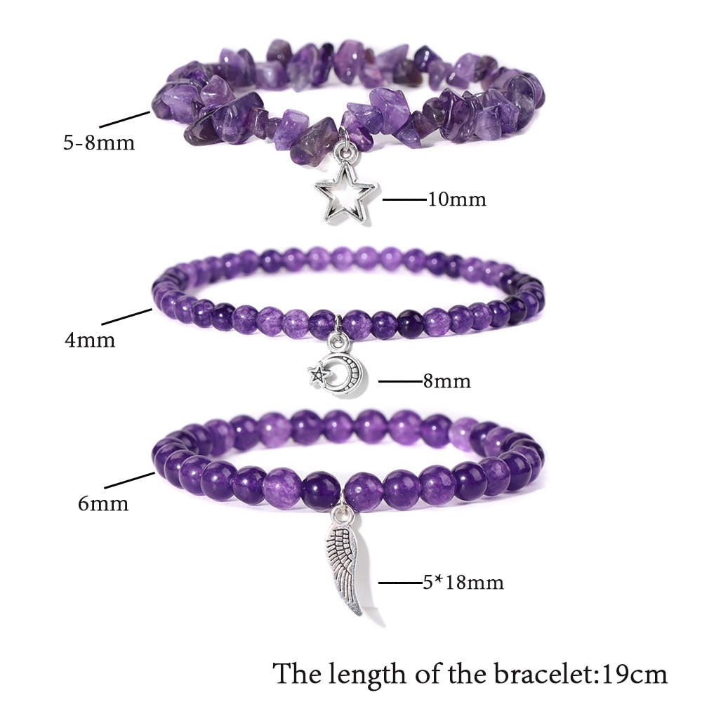 3Pcs set Natural Amethysts Stone Beads Bracelet Star Moon Meditation - Bonnie Lassio