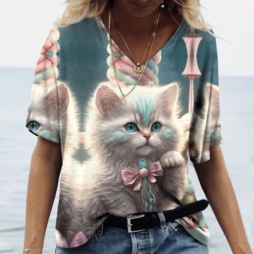 Fashion Women's T-shirt Cat Printed Short Sleeve Female Harajuku Tees Ladies T Shirt Oversized V-neck Tops Animal Women Clothing - Bonnie Lassio