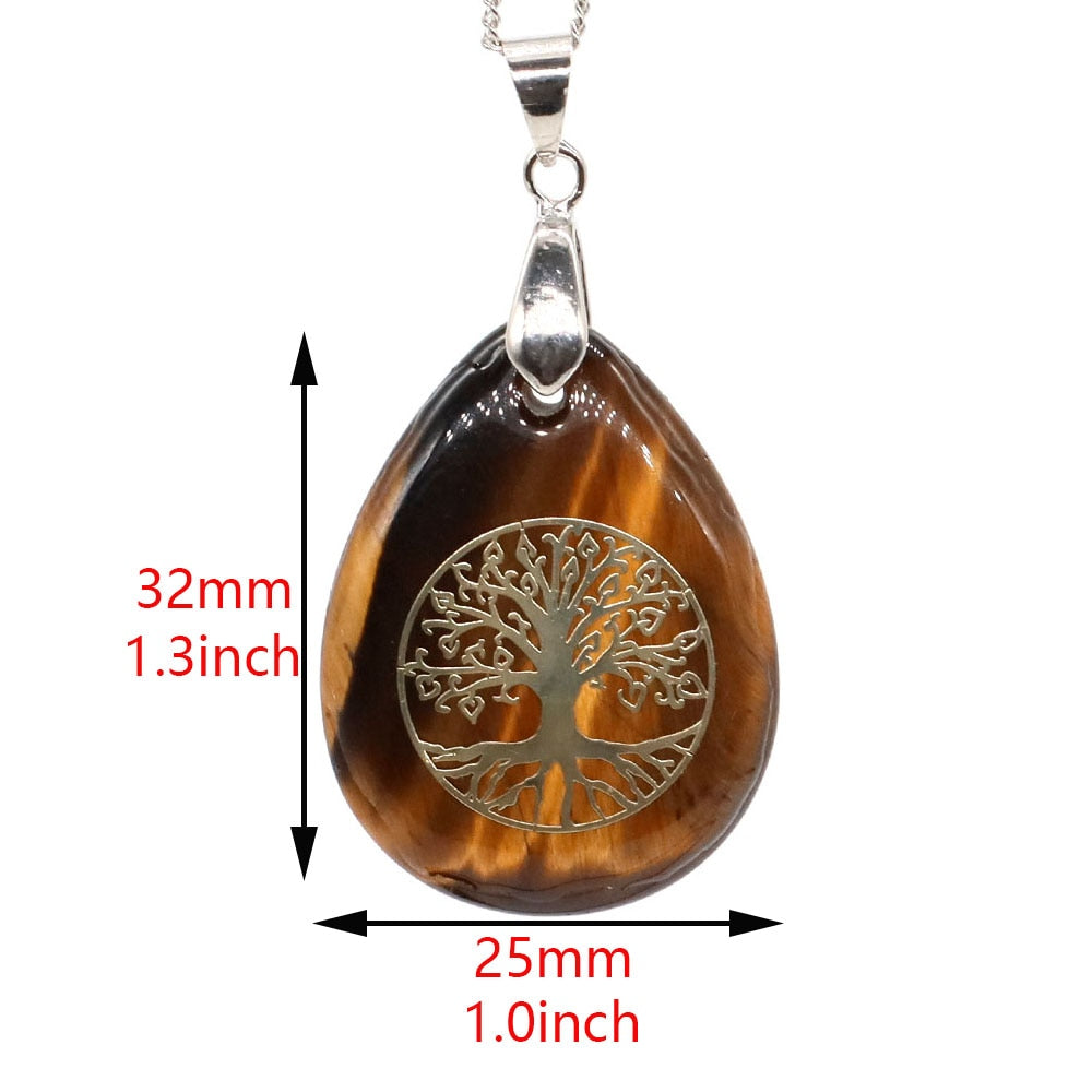 7 Chakra Stone Tree of Life Pendant Natural Water Drop Necklaces Rose Crystal Pink Quartz Amethyst Lapis Lazuli Tiger Eye Gifts - Bonnie Lassio