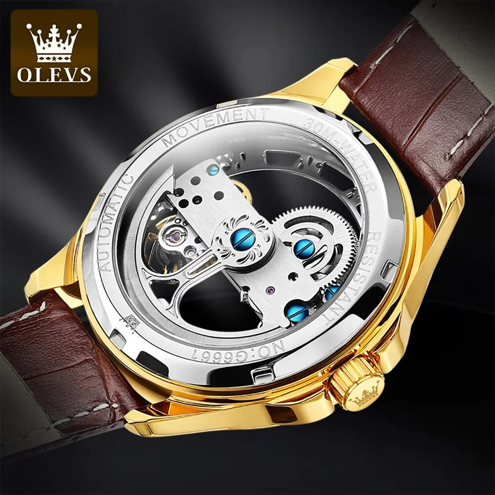 OLEVS Luxury Men Watches Automatic Mechanical Wristwatch Skeleton Design Waterproof Leather Strap - Bonnie Lassio