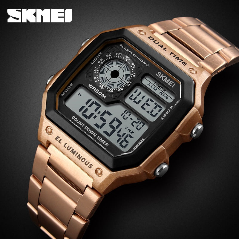 SKMEI Stainless Steel Strap Digital Watch reloj hombre Sport Watch Men 5Bar Waterproof Watches - Bonnie Lassio