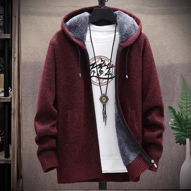 Mens Hooded Cardigan Knitted Sweater Winter Thick Fleece Casual Knitwear Coat Hooded - Bonnie Lassio