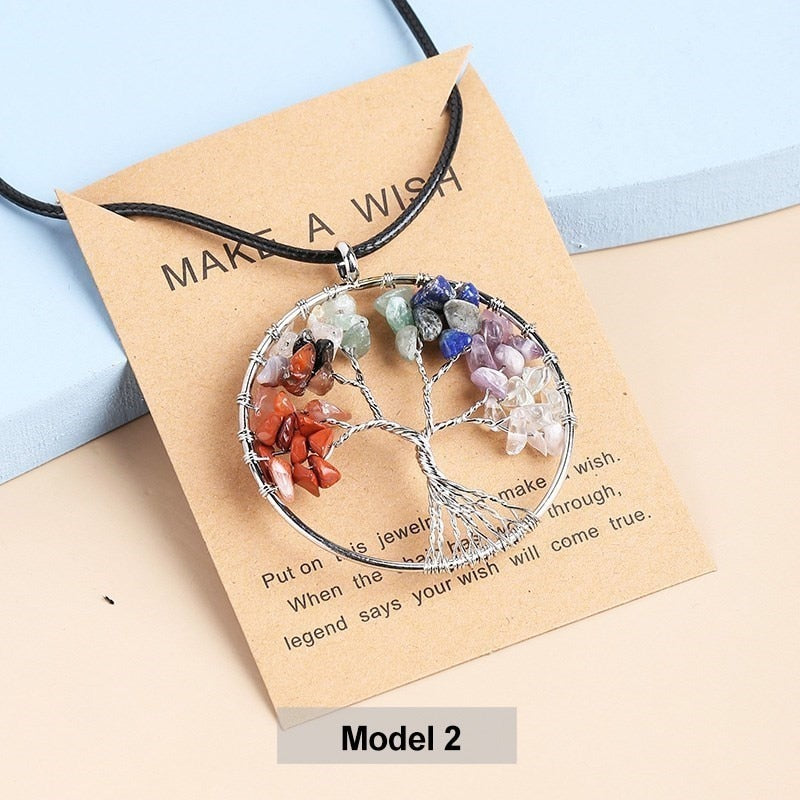 Change Better 7 Chakras Tree Of Life Pendant Necklace Gold Color Natural Crystal Chip - Bonnie Lassio