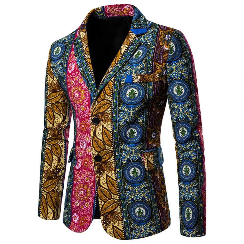 Mens Blazer African Style Characteristics Print Turndown Collar Single Breasted Slim Lapel - Bonnie Lassio