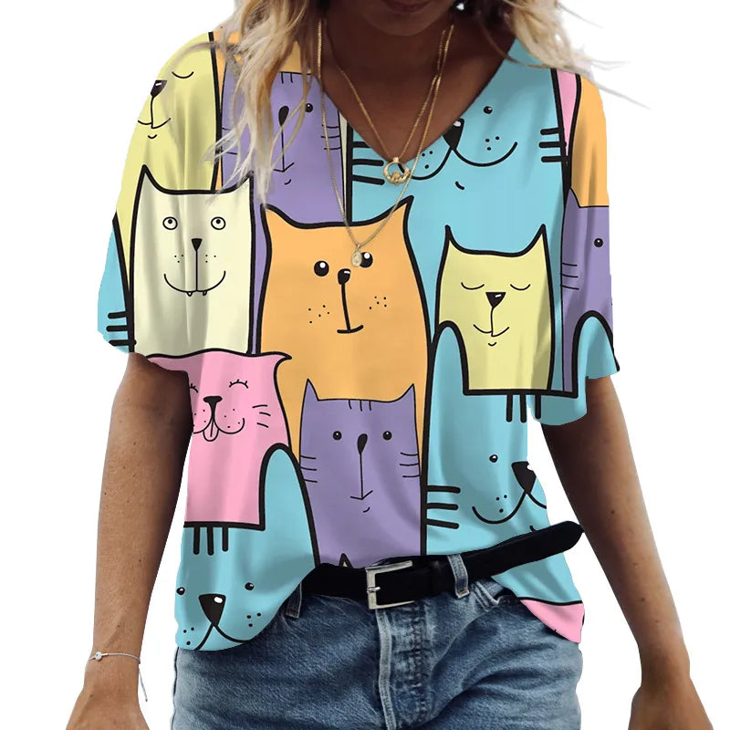 Cat Print Tee for Women Open Neck - Bonnie Lassio