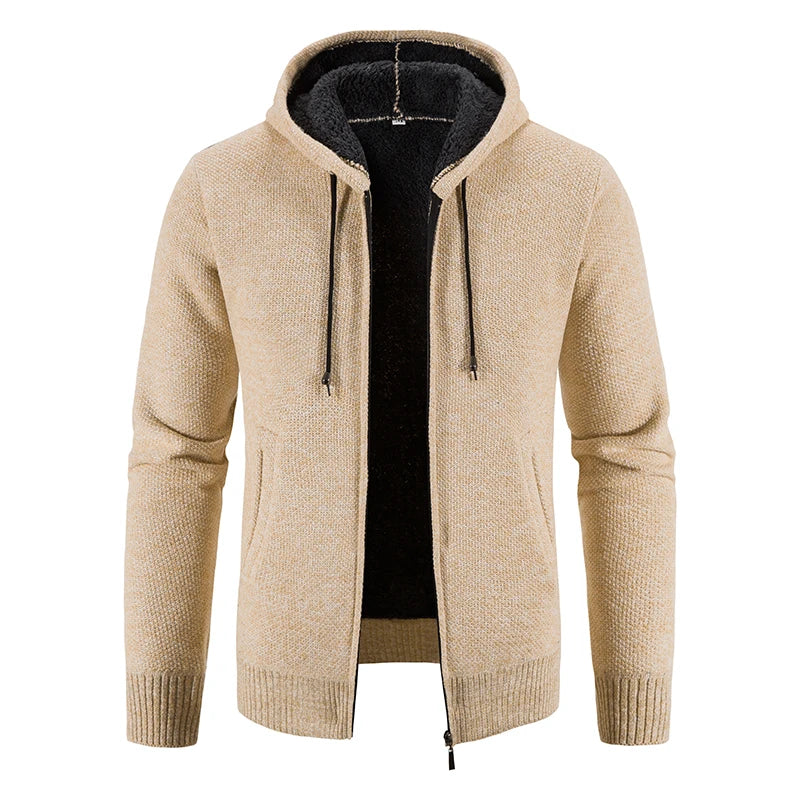 Men's Winter Jacket with Plush and Thick Hooded Knit Cardigan Jacket Zipper - Bonnie Lassio