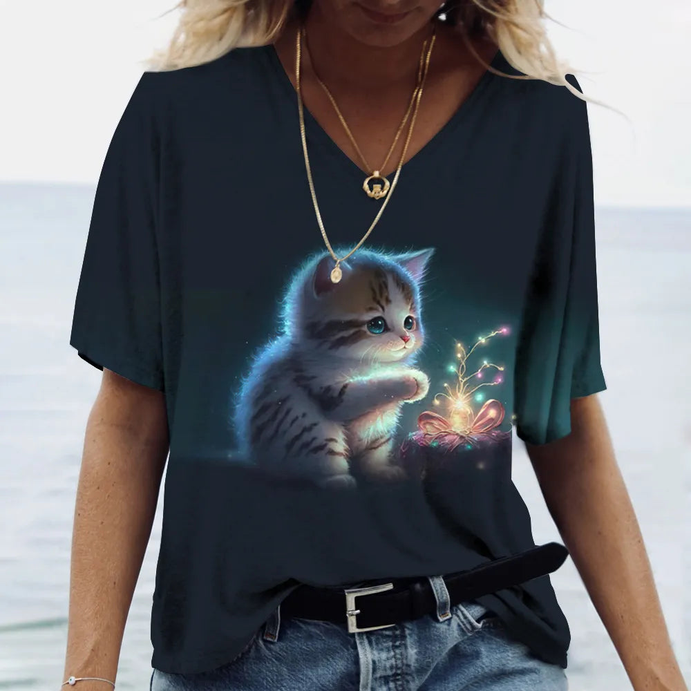 Fashion Women's T-shirt Cat Printed Short Sleeve Female Harajuku Tees Ladies T Shirt Oversized V-neck Tops Animal Women Clothing - Bonnie Lassio