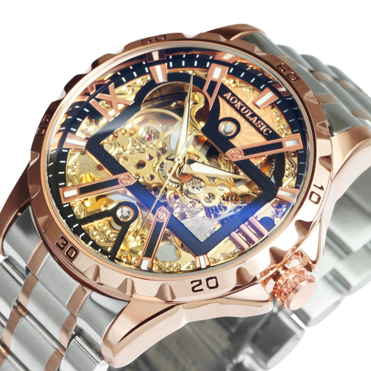 Luxury Mechanical Watch Iced Out Gold Skeleton Automatic Wristwatch for Men Stainless Steel Strap Luminous Fashion Accessory