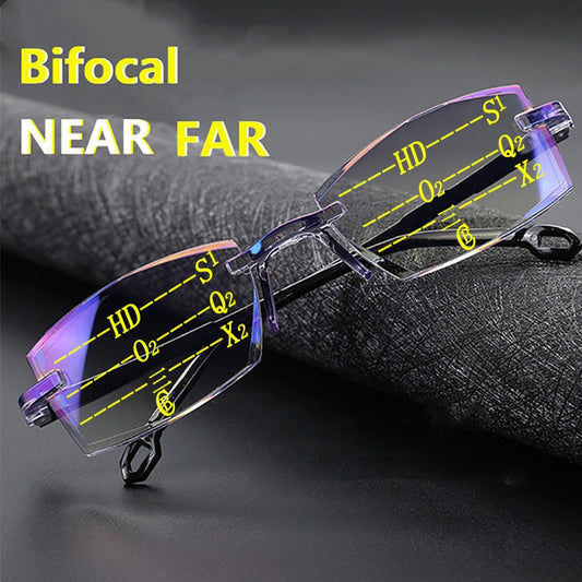 New Diamond-cut Bifocal Progressive Reading Glasses Men Blue Light Blocking Multifocal Eyewear Ultralight Rimless Eyeglasses - Bonnie Lassio