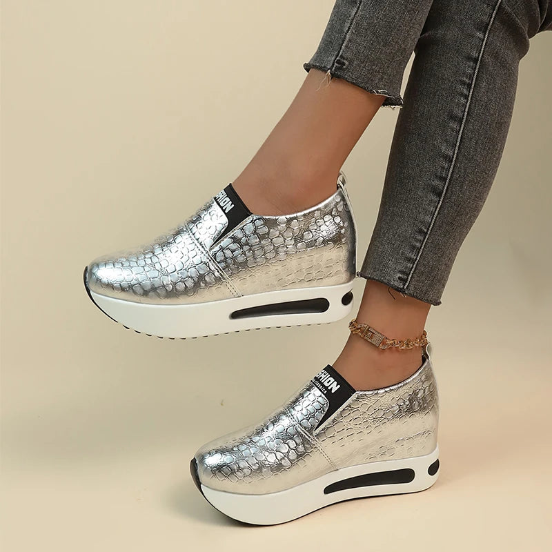 Womens Patent Slip-On Shoes Silver Gold Thick Platform Fashion Loafer 2024 Stock