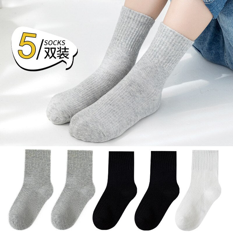 5 Pairs Pure Cotton Children Boy Socks Black White Grey Solid Color Unisex Breathable Sports School Socks Baby Girl Calf Socks - Bonnie Lassio