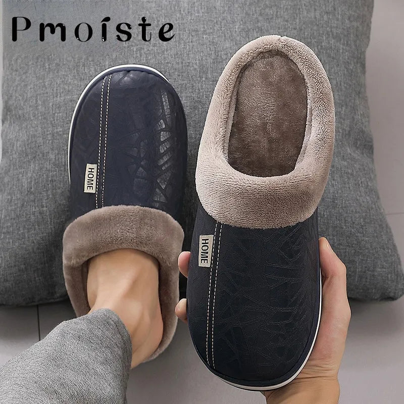 Winter Home Slippers for Men Memory Foam Massage House Slippers With Fur PU Leather Waterproof Indoor Male slipper Plus Size 51 - Bonnie Lassio